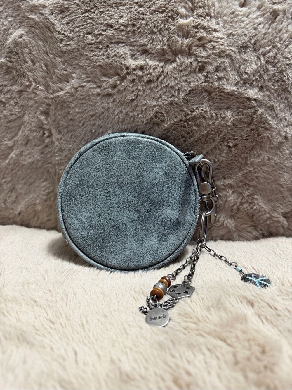 Gray Round Suede Coin Pouch with Charm Accents